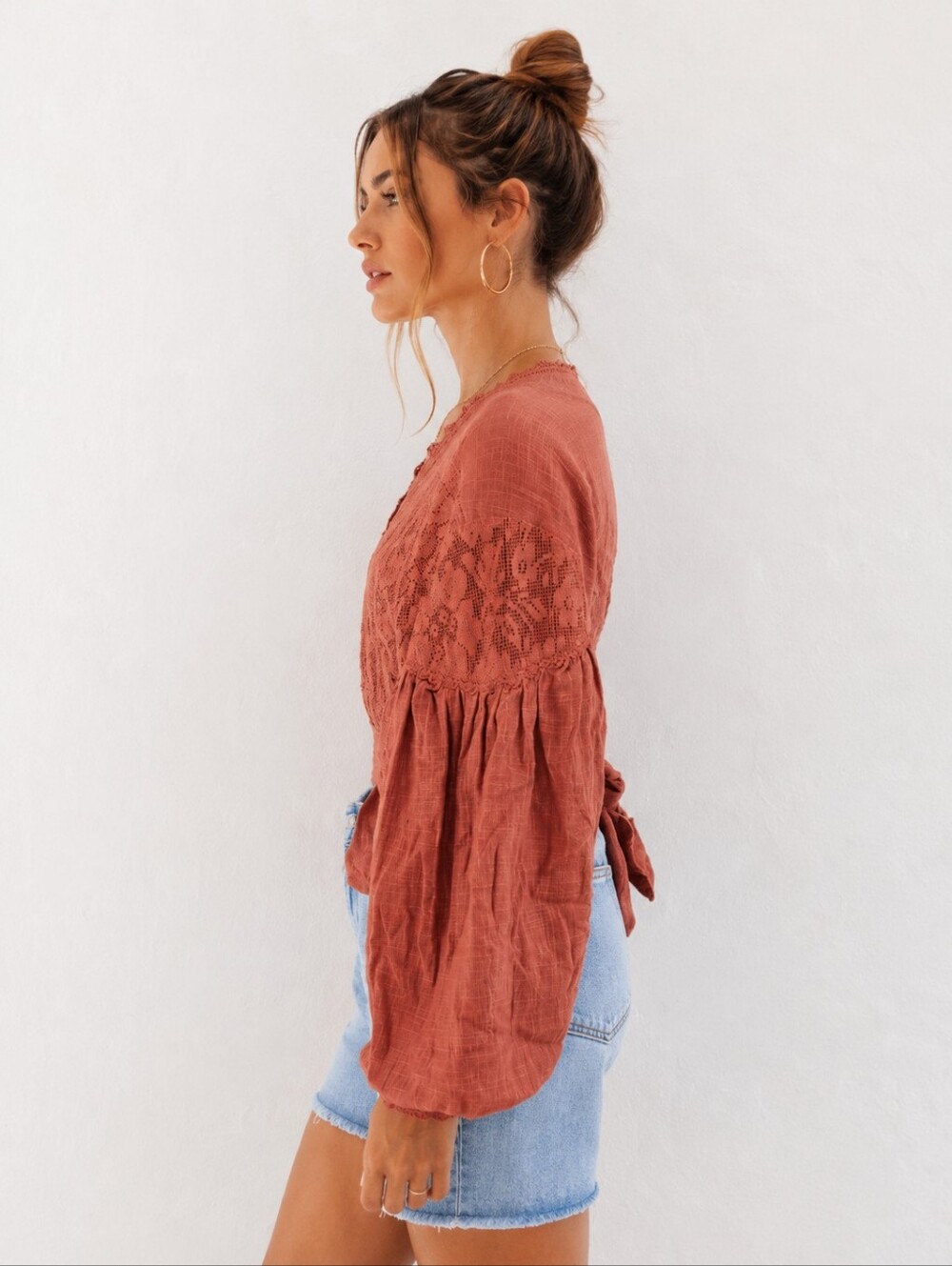 Free People Dolly Wrap Top Terra Cotta Lace Boho Balloon Sleeve Crop Blouse L - Picture 5 of 16